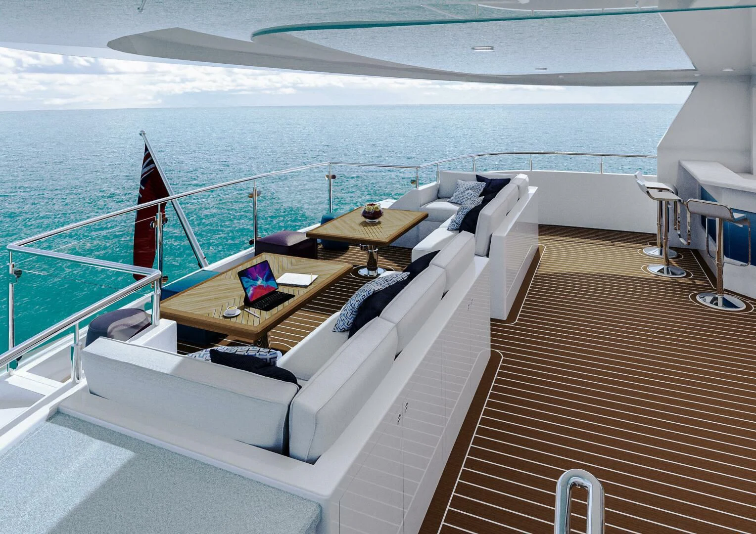 a deck with a large deck overlooking a large body of water aboard STELLARCAT AL2502 Yacht for Sale