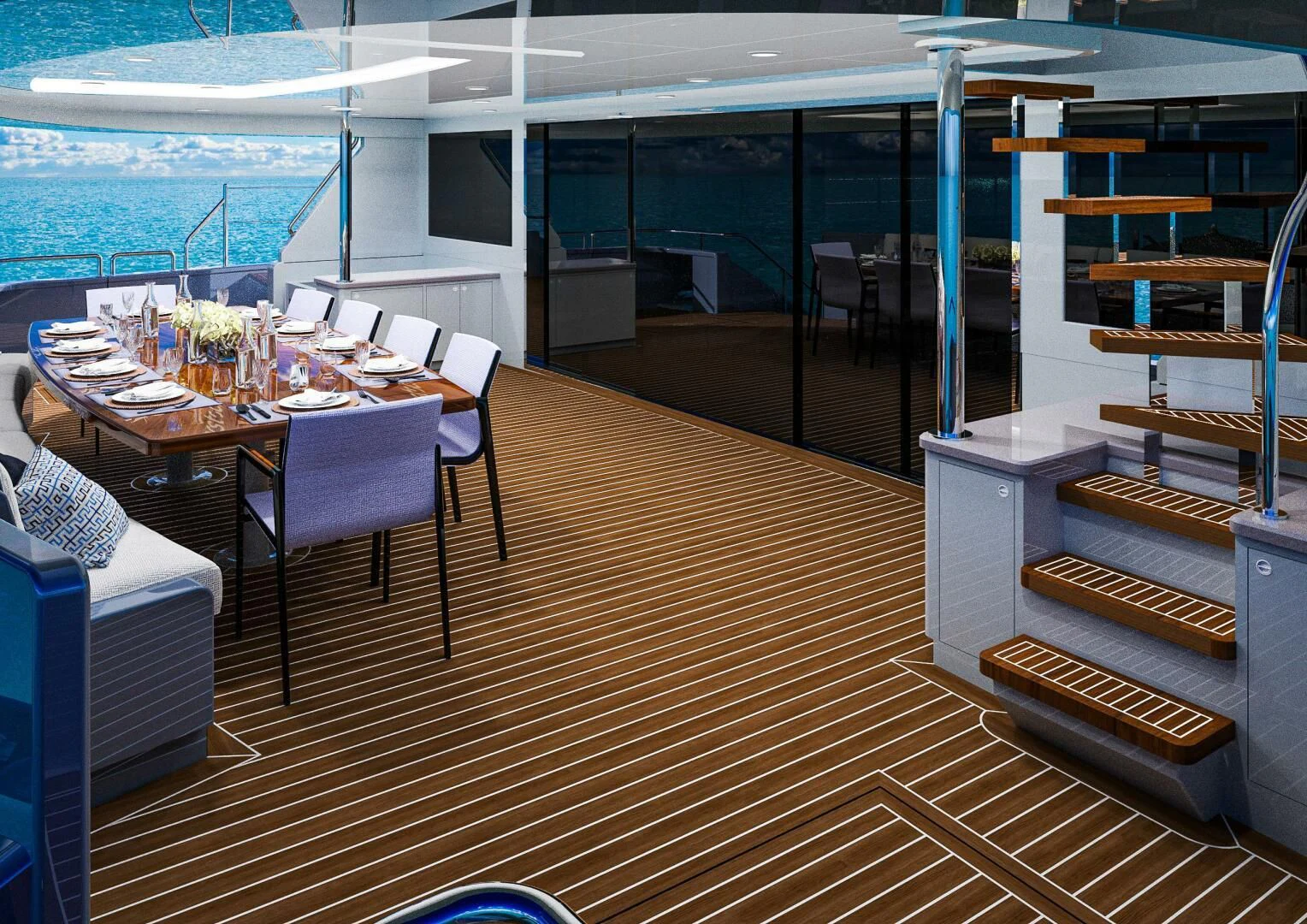 a room with tables and chairs aboard STELLARCAT AL2502 Yacht for Sale
