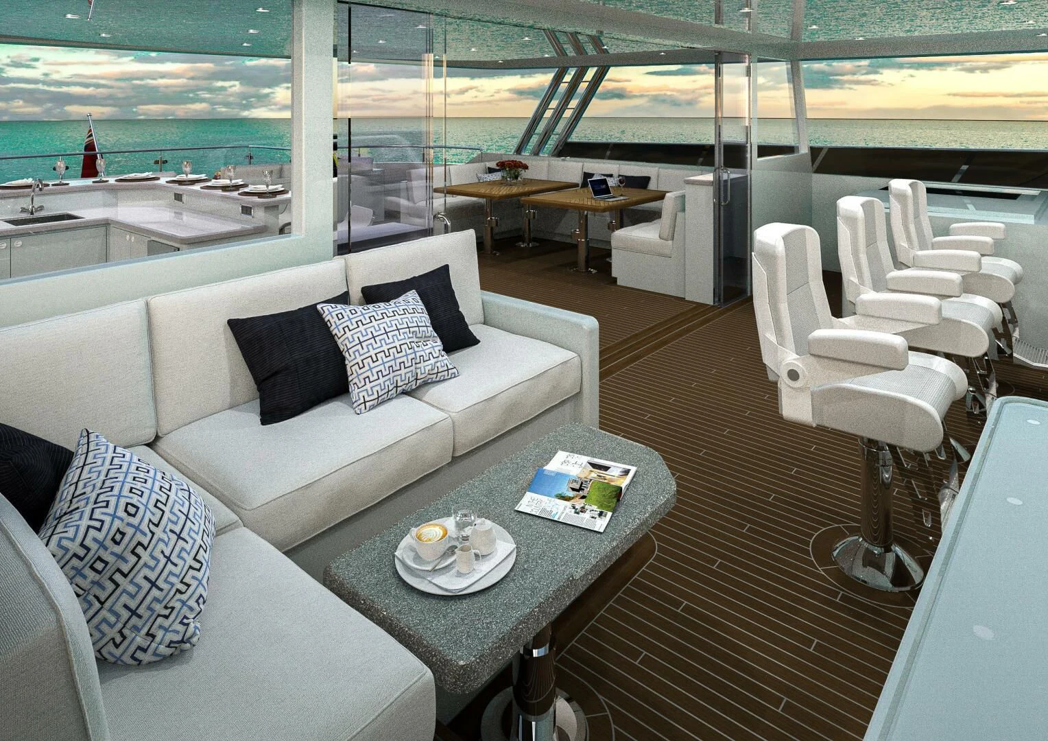 a room with a couch and a table with chairs and a table aboard STELLARCAT AL2502 Yacht for Sale