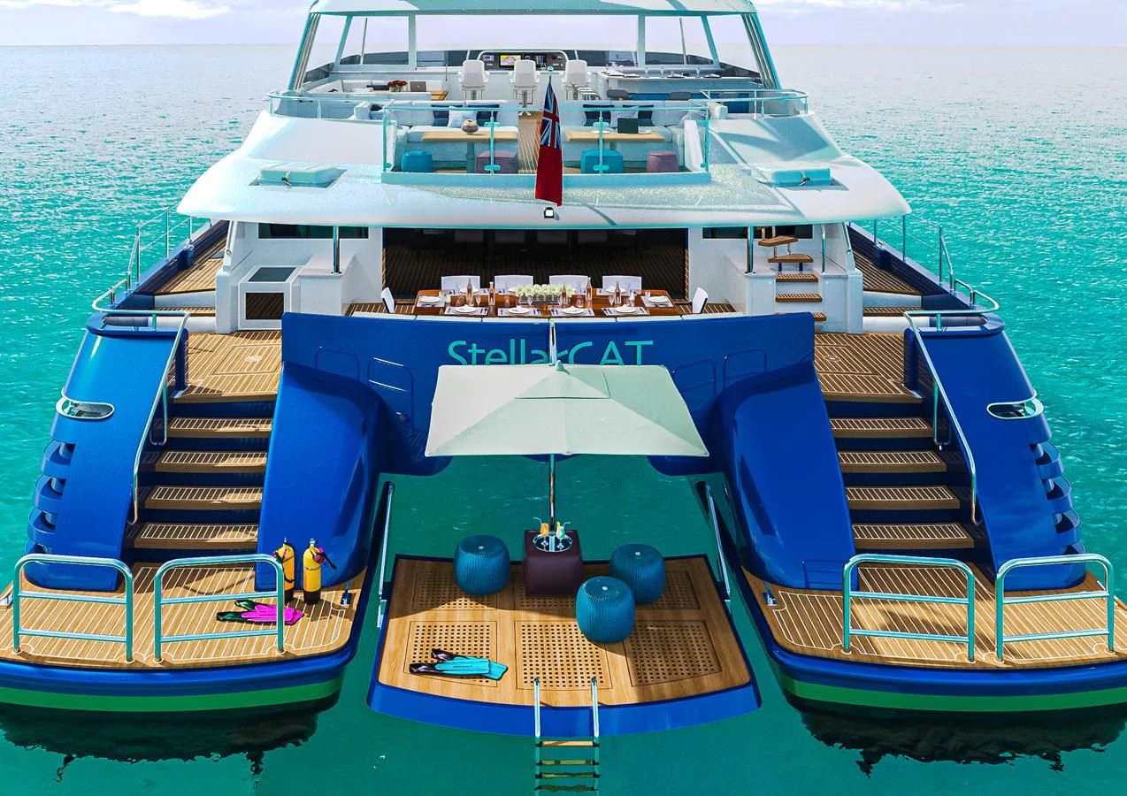 a boat with a staircase on the deck aboard STELLARCAT AL2502 Yacht for Sale