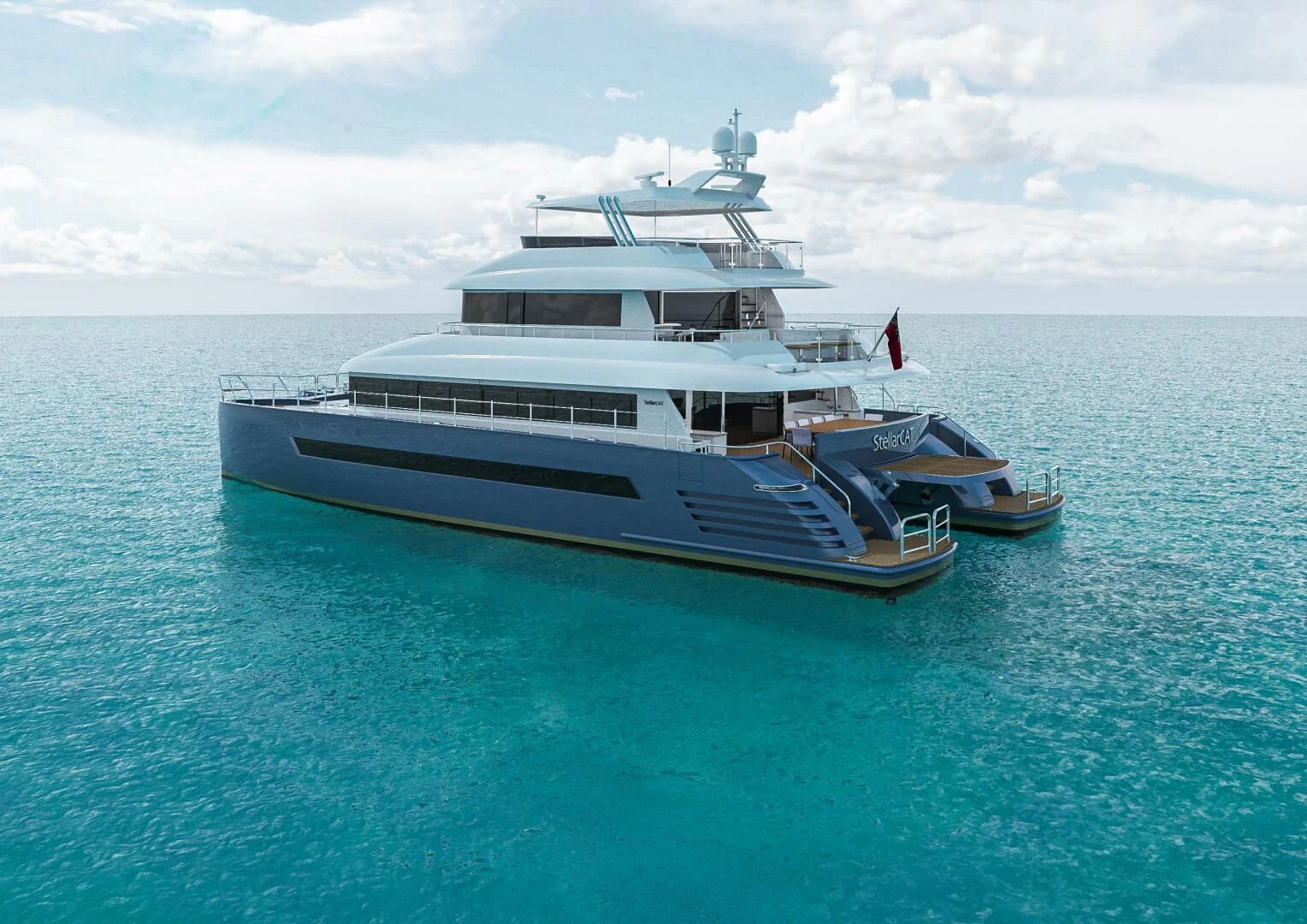 a large white boat in the water aboard STELLARCAT AL2502 Yacht for Sale