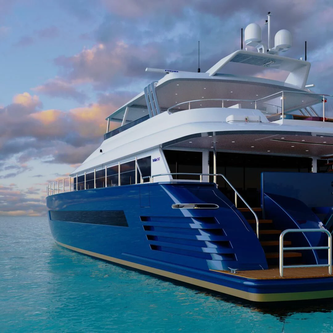 a large white boat in the water aboard STELLARCAT AL2502 Yacht for Sale