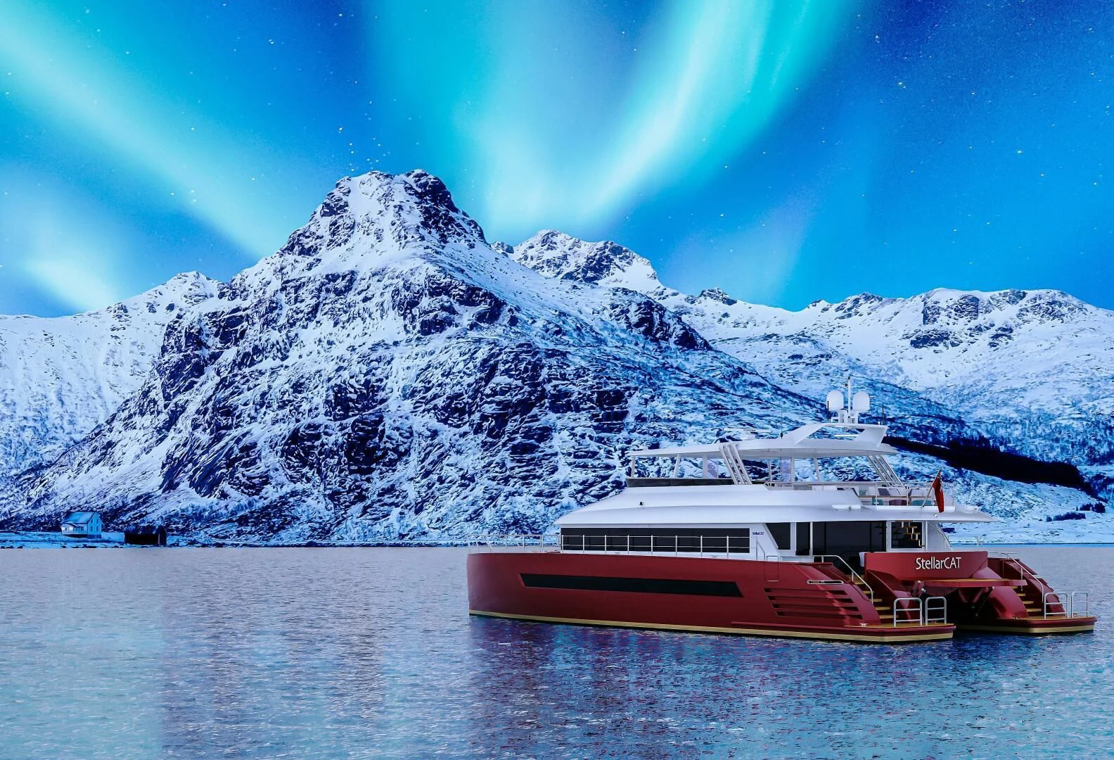 a boat in the water with mountains in the background aboard STELLARCAT AL2502 Yacht for Sale