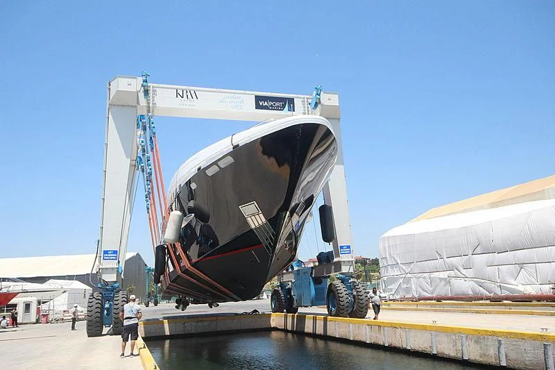 a large metal object with a red and white stripe on it aboard LET IT BE M Yacht for Sale
