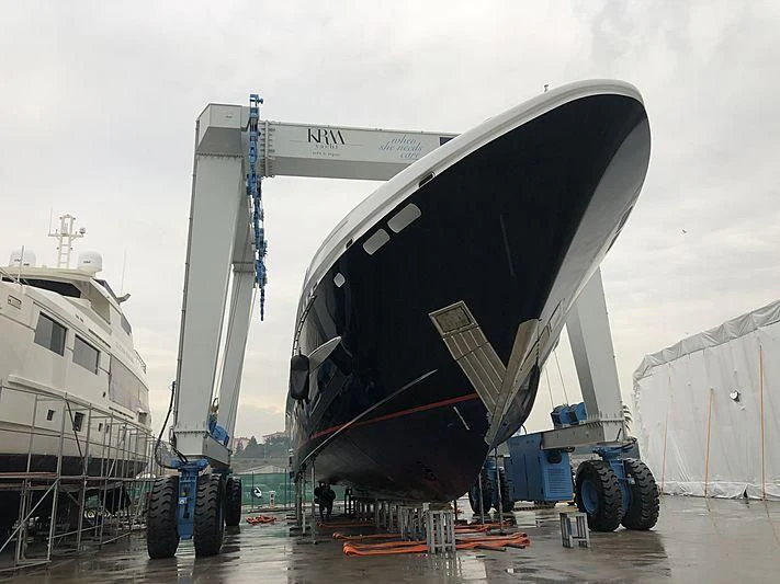 a large white boat with a large flat top aboard LET IT BE M Yacht for Sale