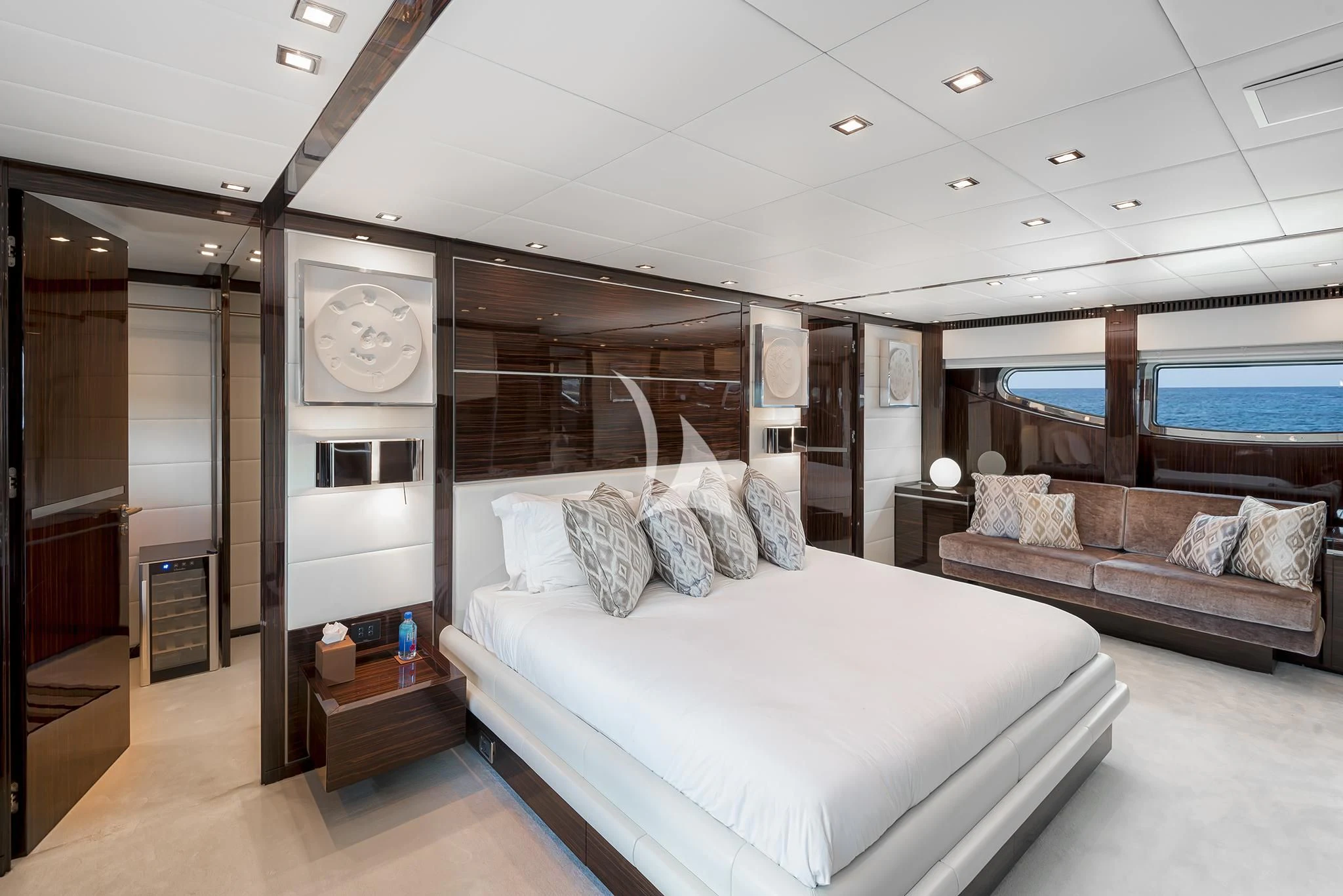 a large bedroom with a large bed aboard ANTELOPE IV Yacht for Sale