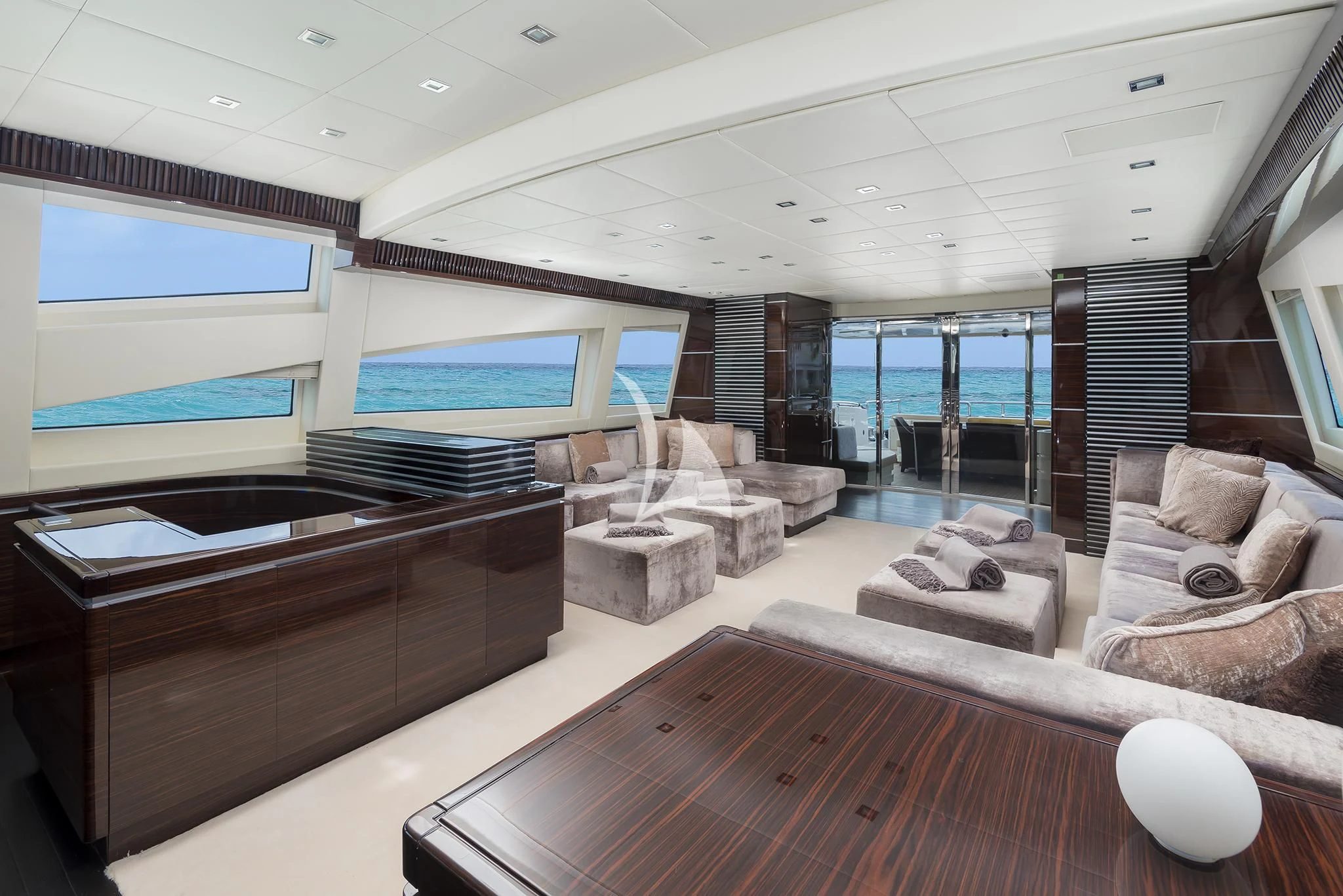 a living room with a large window aboard ANTELOPE IV Yacht for Sale