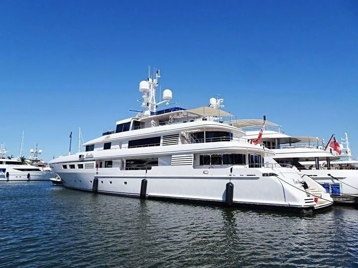 a large white boat in the water aboard EMELINA Yacht for Sale