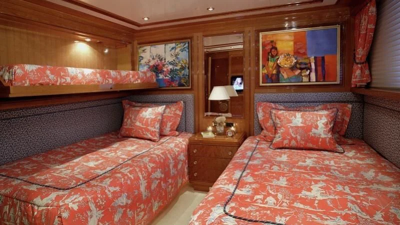a room with two beds aboard EMELINA Yacht for Sale