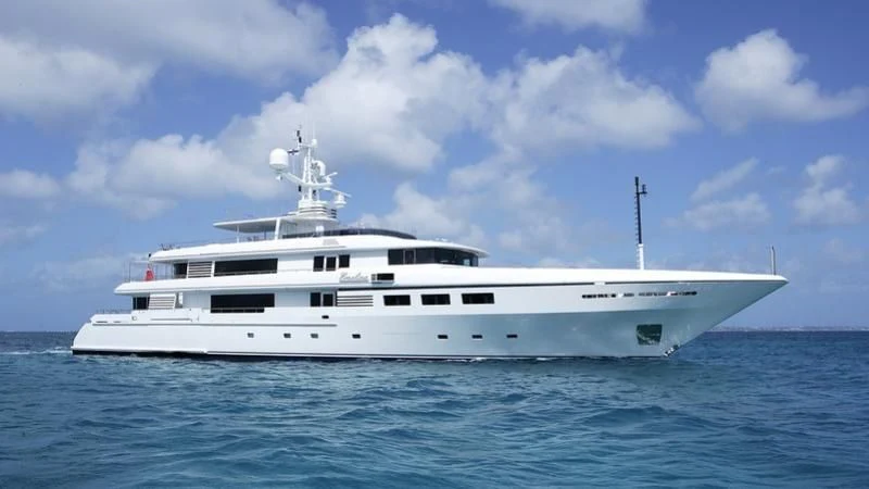 a white yacht in the water aboard EMELINA Yacht for Sale