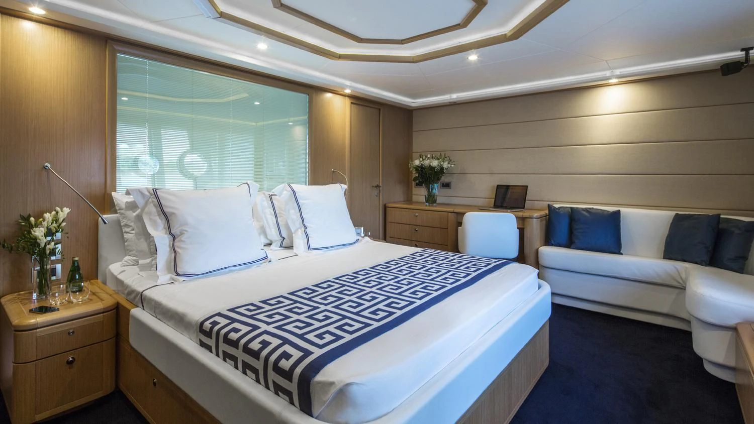 a bed in a room aboard PORTHOS SANS ABRI Yacht for Sale