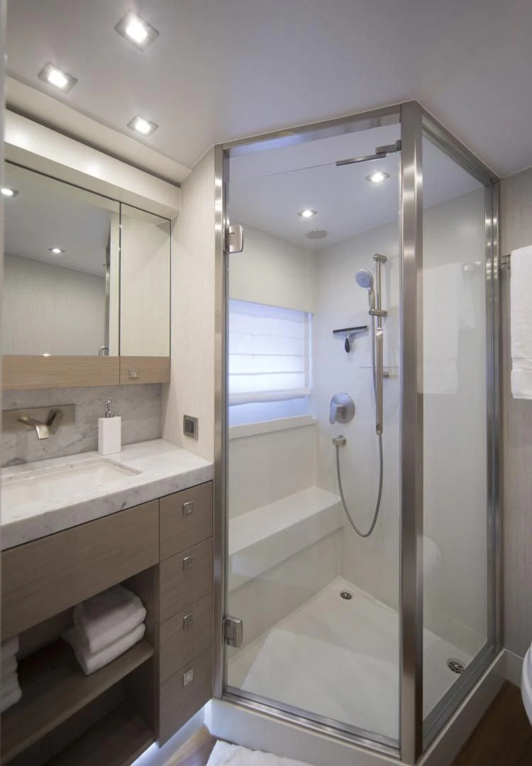 a bathroom with a shower unit aboard SEASEID Yacht for Sale