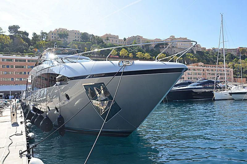 a boat docked at a pier aboard SLAVA Yacht for Sale
