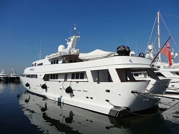 a white yacht in the water aboard TYNDAREO Yacht for Sale
