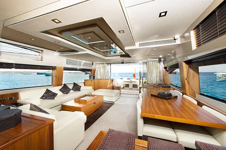 inside of a room with a large window and a large screen aboard NEMESIS Yacht for Sale