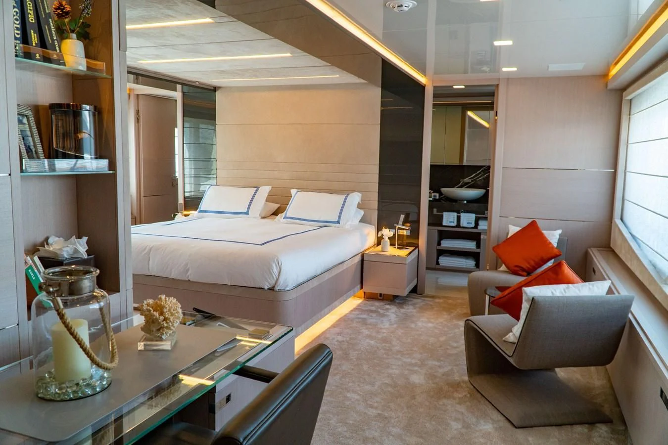 a modern looking living room aboard SHELLS X Yacht for Sale