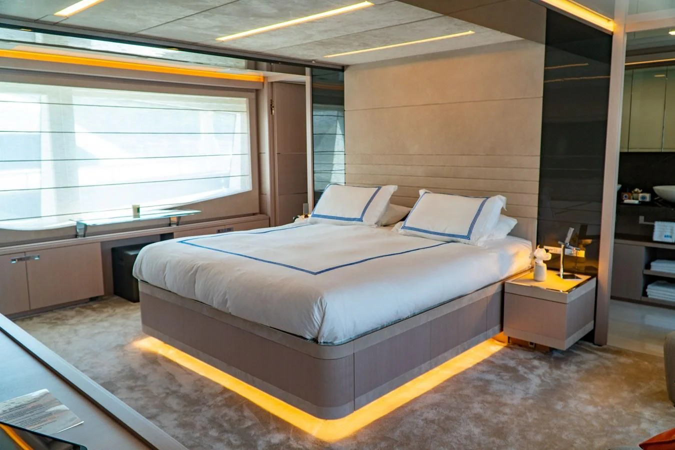 a bed in a room aboard SHELLS X Yacht for Sale