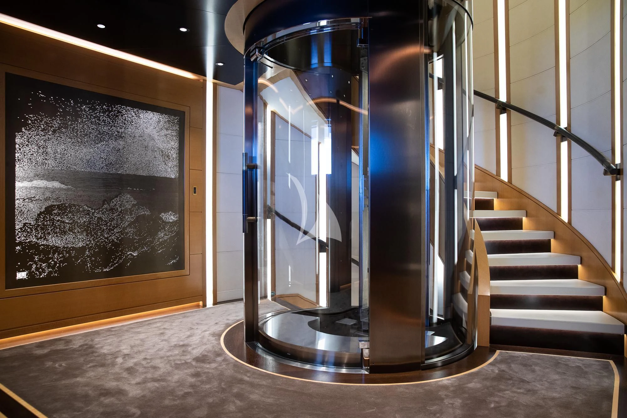 a large glass cylinder with a glass base aboard FORMOSA Yacht for Sale