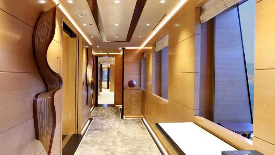 a hallway with a glass door aboard FORMOSA Yacht for Sale