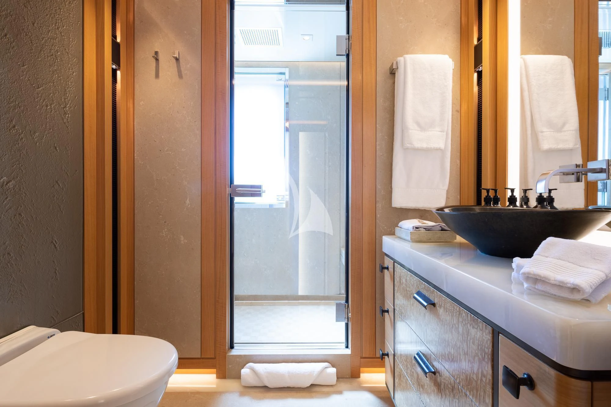 a bathroom with a sink and a toilet aboard FORMOSA Yacht for Sale