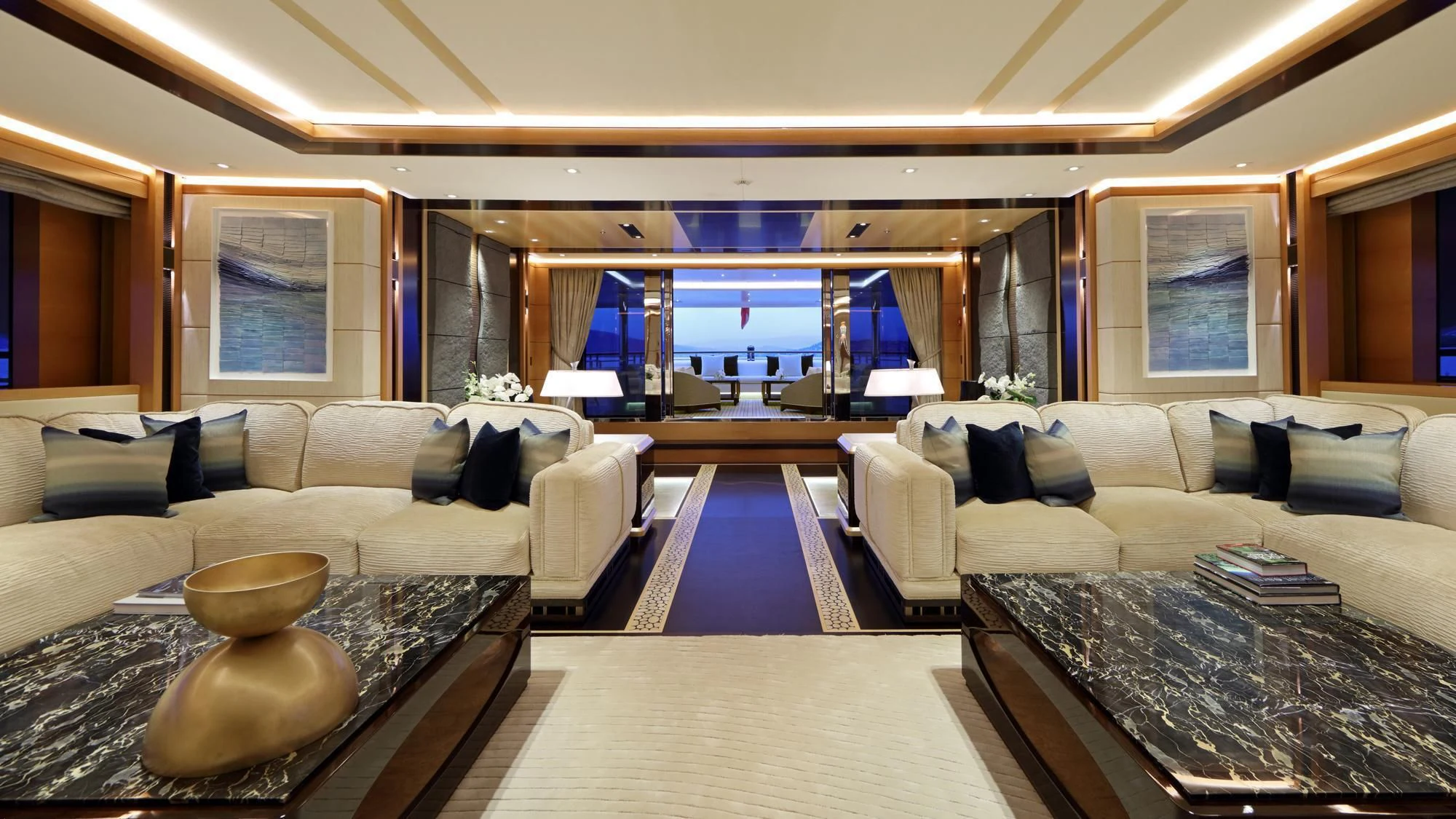 a living room with a large window aboard FORMOSA Yacht for Sale