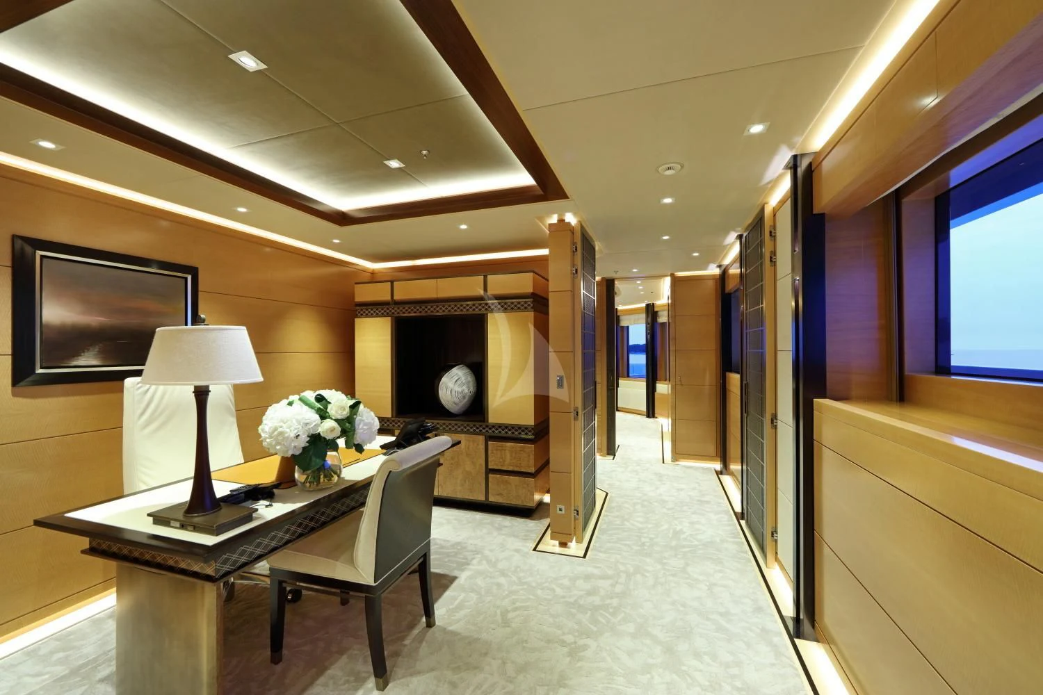 a room with a table and chairs aboard FORMOSA Yacht for Sale