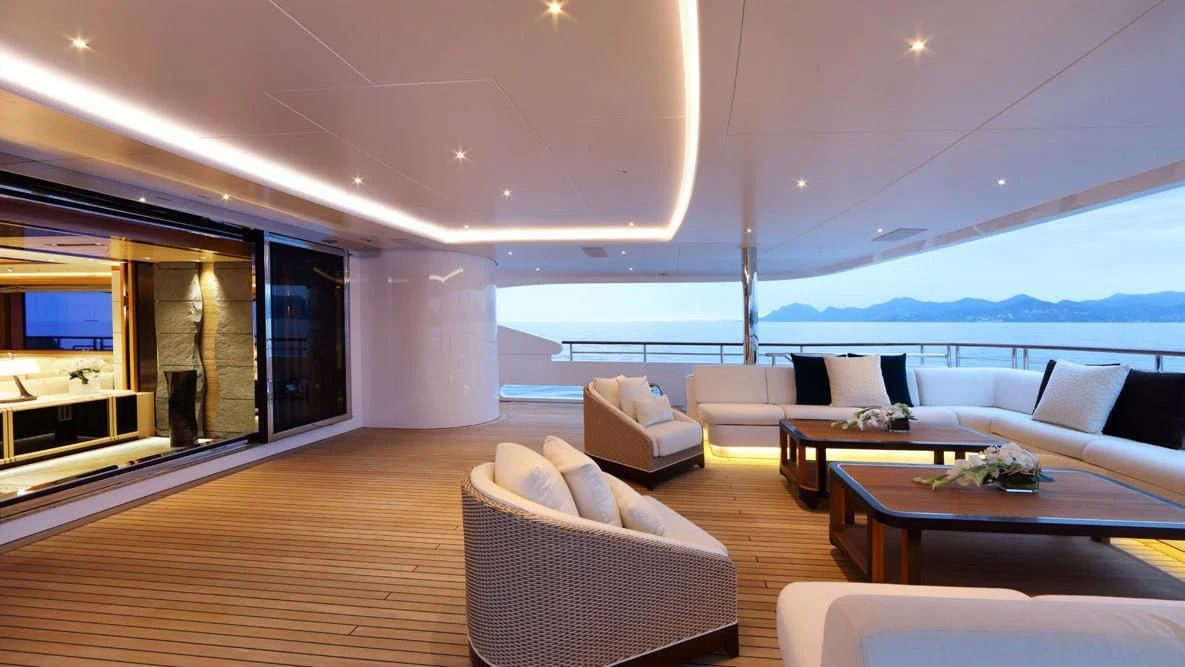 a living room with a large window aboard FORMOSA Yacht for Sale