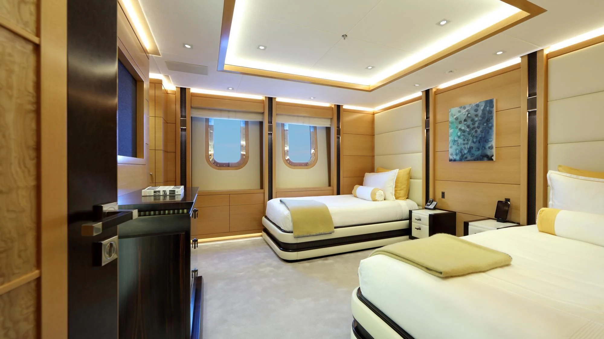 a room with a bed and a desk aboard FORMOSA Yacht for Sale