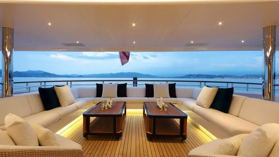 a living room with a large ocean aboard FORMOSA Yacht for Sale