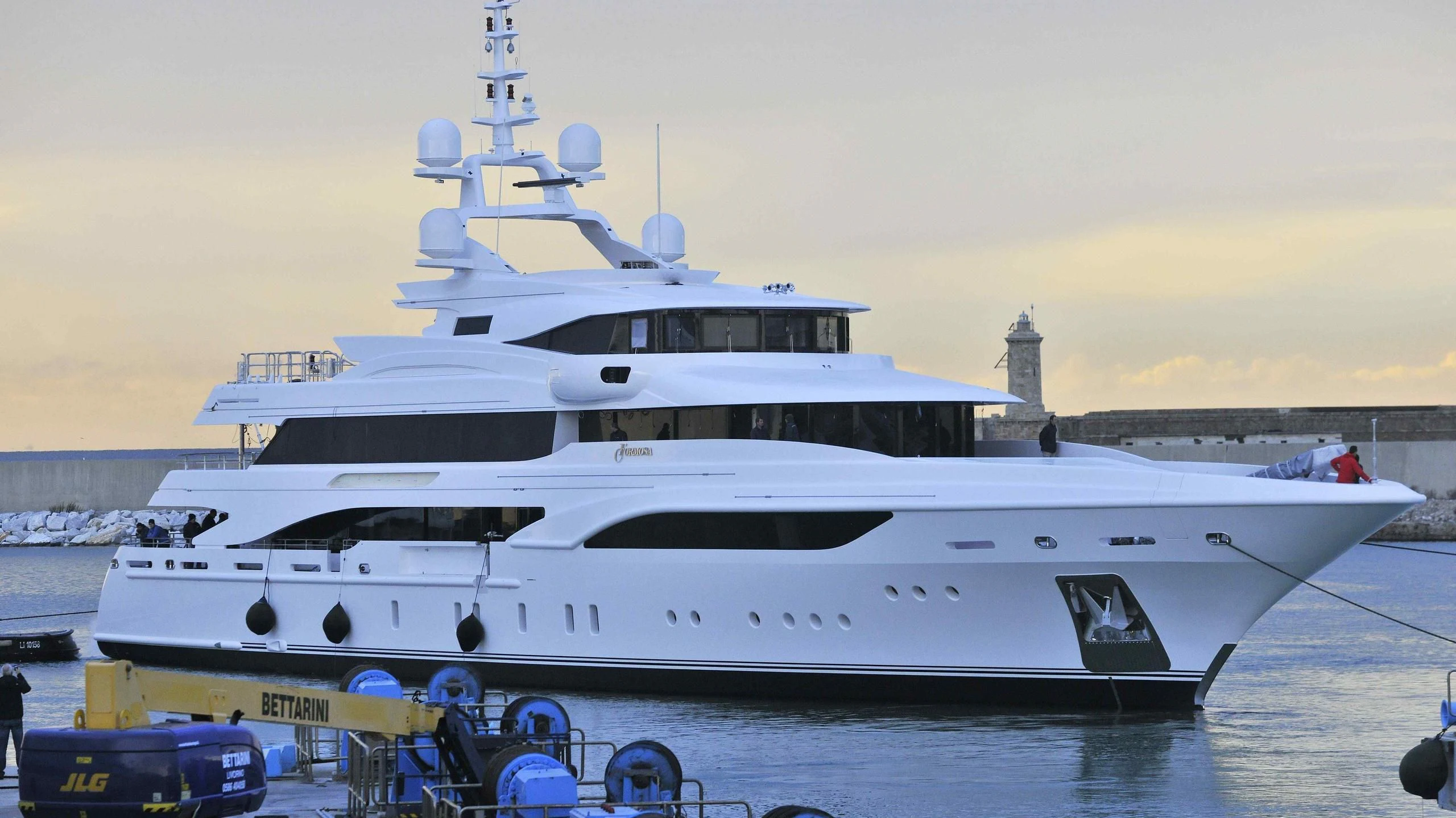 a yacht docked at a dock aboard FORMOSA Yacht for Sale
