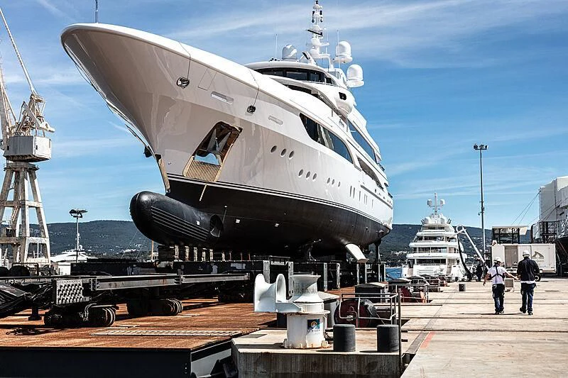 a large ship docked aboard FORMOSA Yacht for Sale