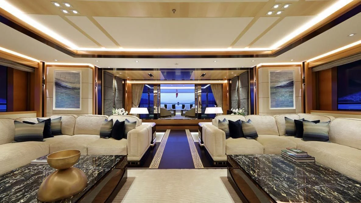 a living room with a large window aboard FORMOSA Yacht for Sale