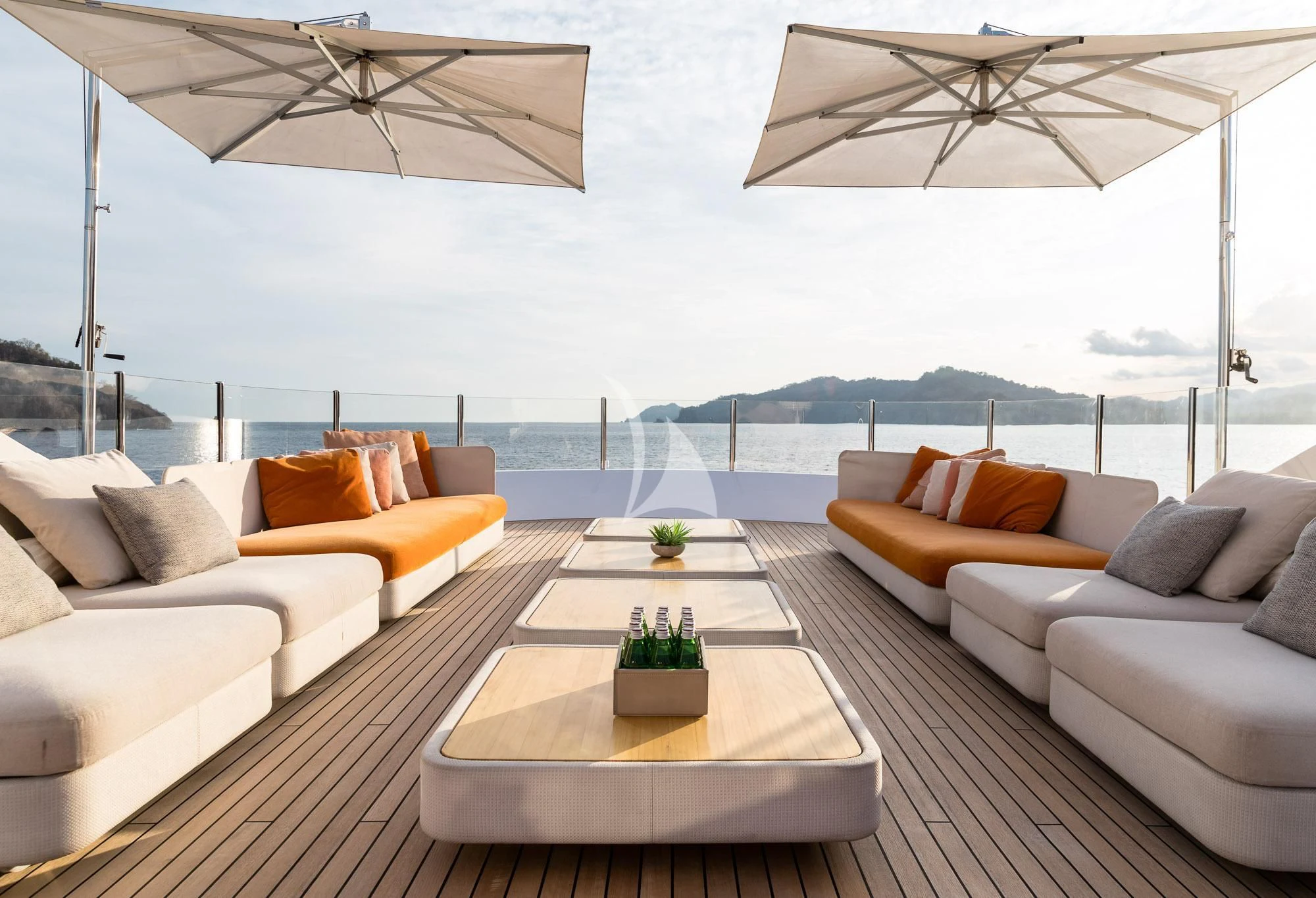 a living room with a large body of water aboard FORMOSA Yacht for Sale