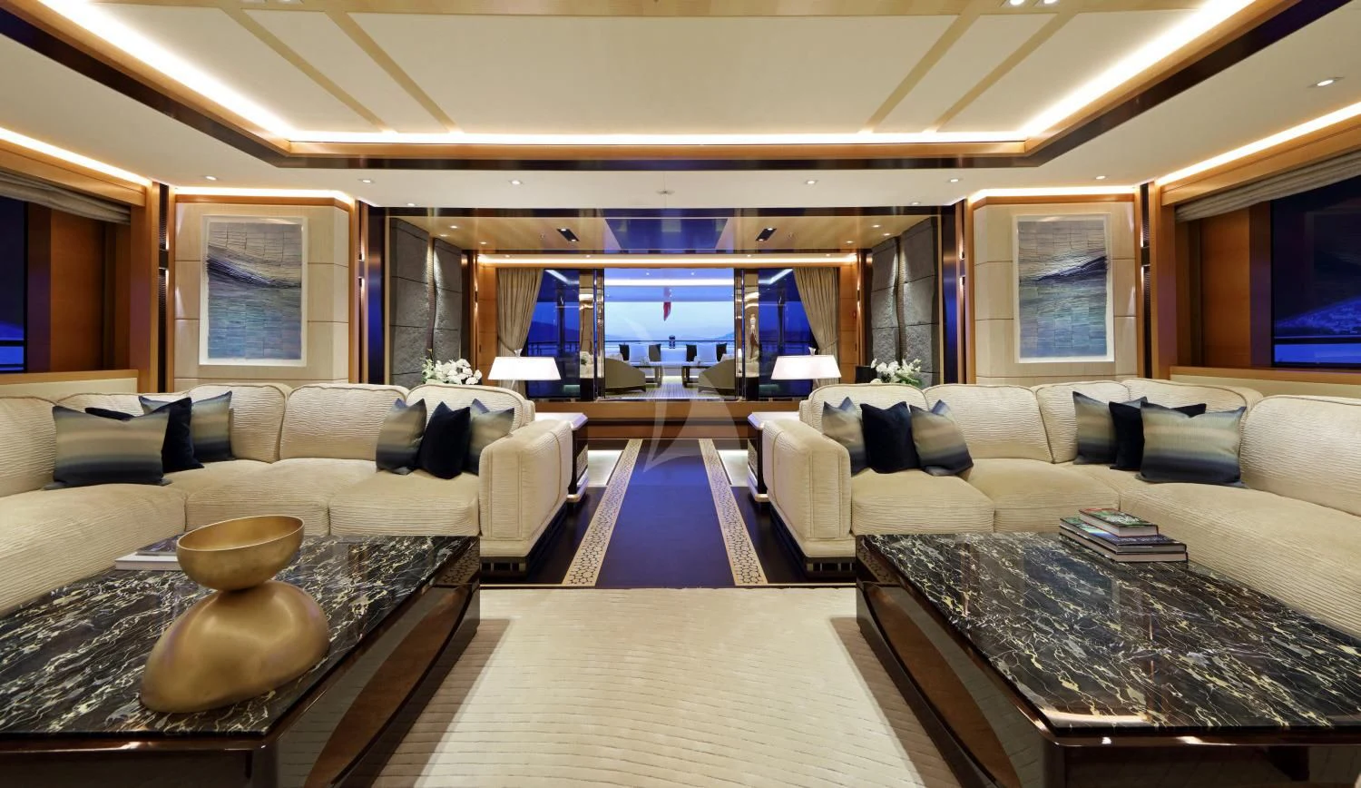 a living room with a large window aboard FORMOSA Yacht for Sale