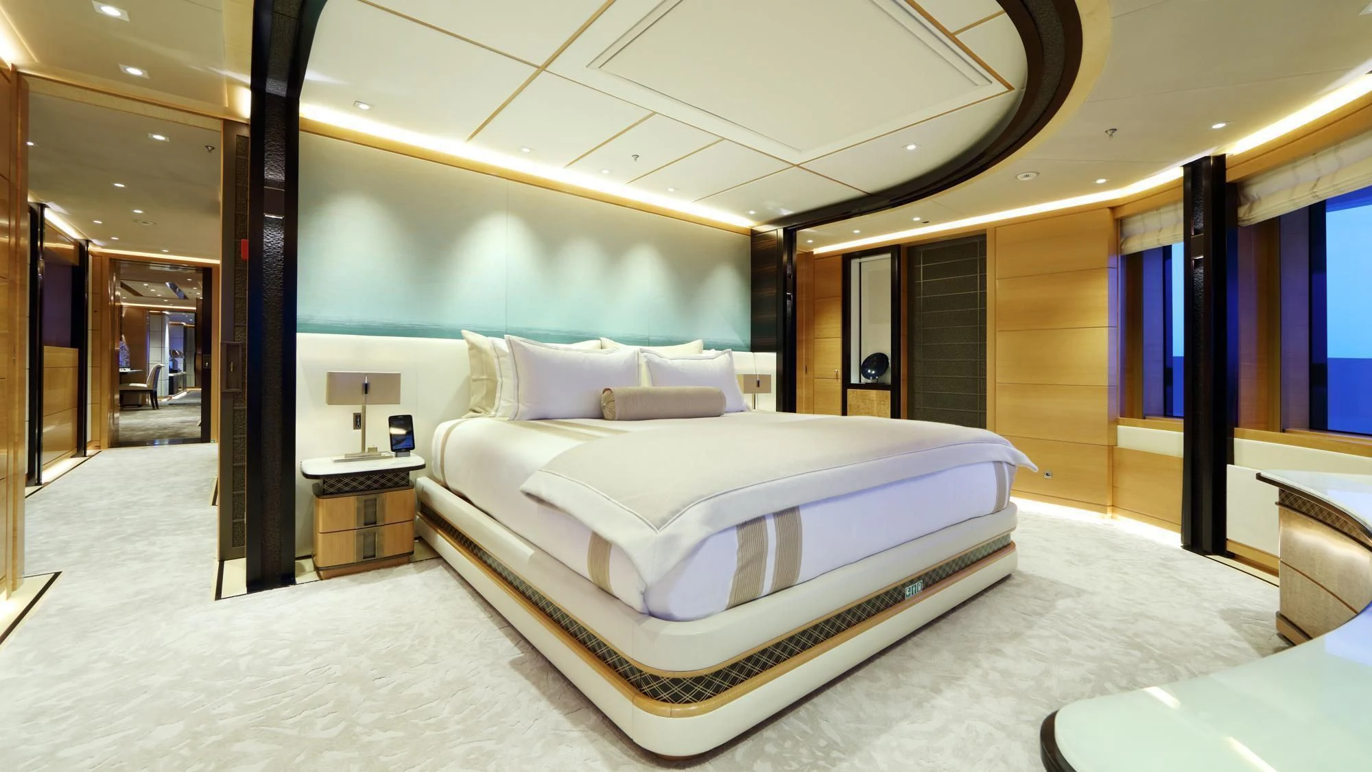 a large bed in a room aboard FORMOSA Yacht for Sale