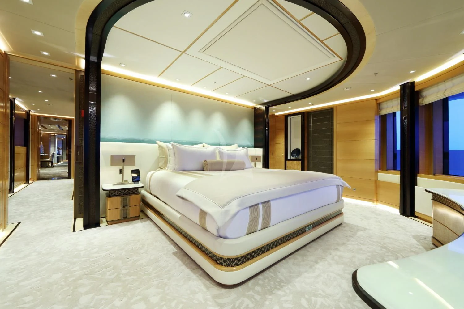 a large bed in a room aboard FORMOSA Yacht for Sale