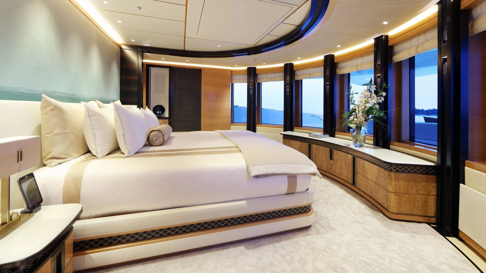 a bed in a room aboard FORMOSA Yacht for Sale