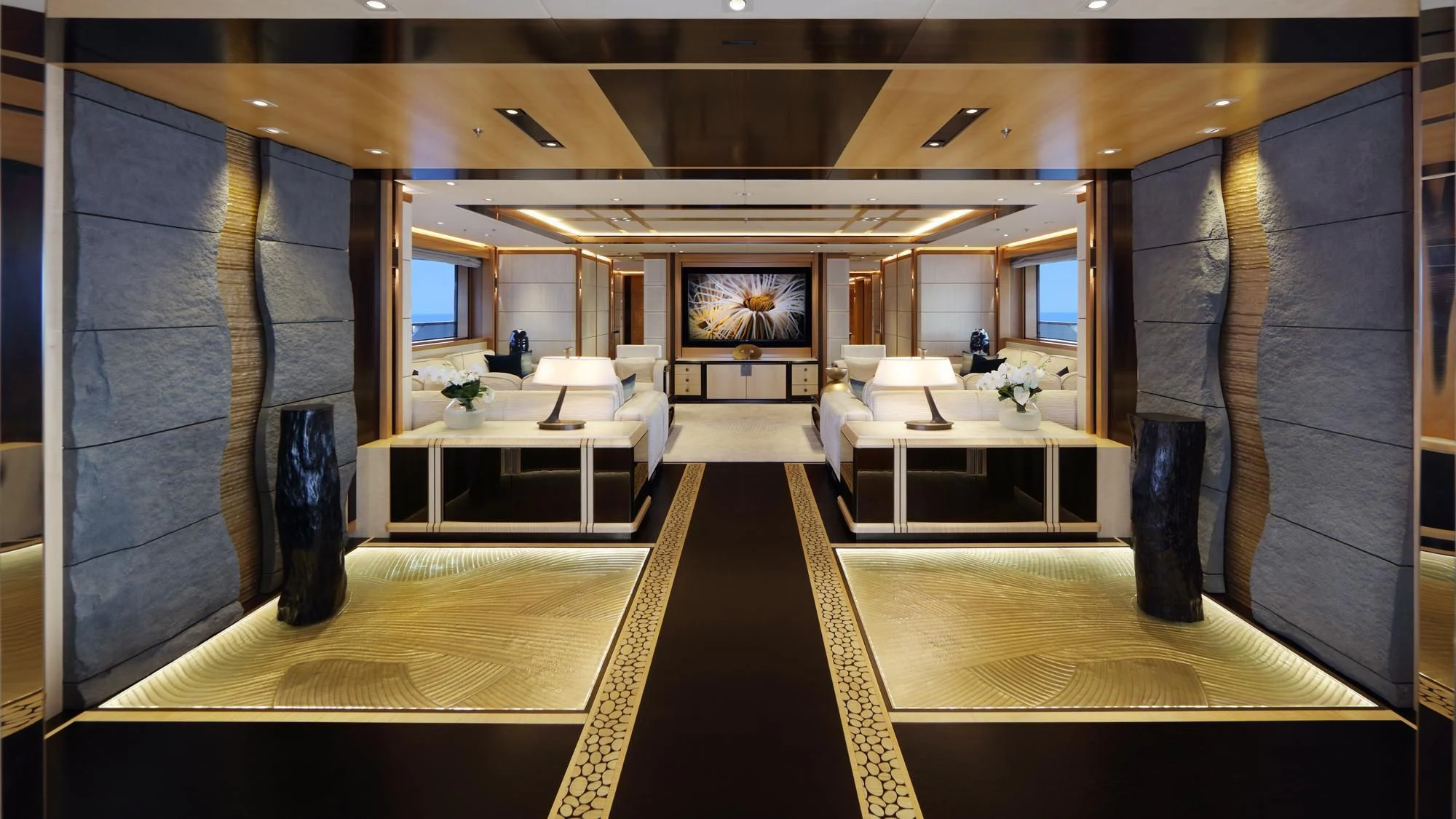 a large room with a large mirror aboard FORMOSA Yacht for Sale
