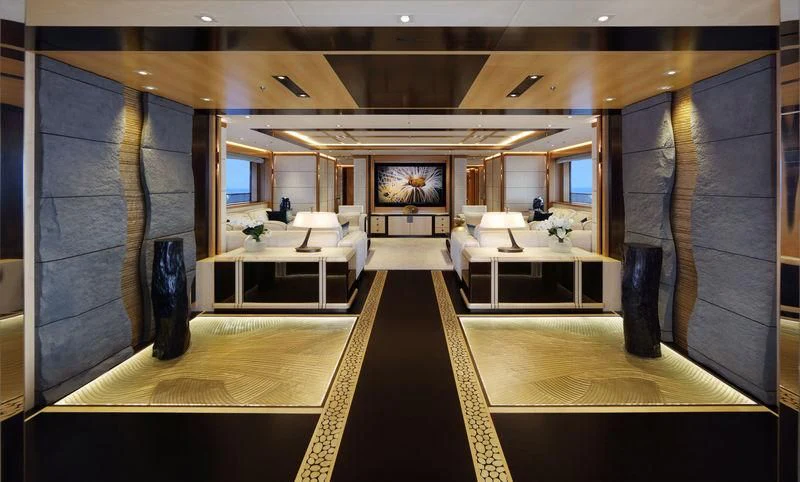 a large room with a large display aboard FORMOSA Yacht for Sale