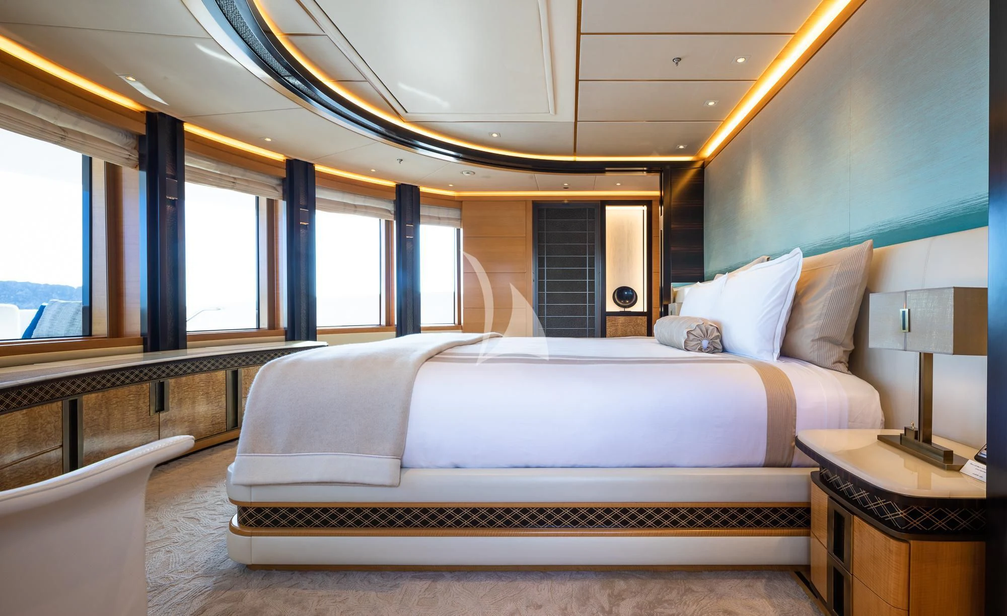a bed in a room aboard FORMOSA Yacht for Sale