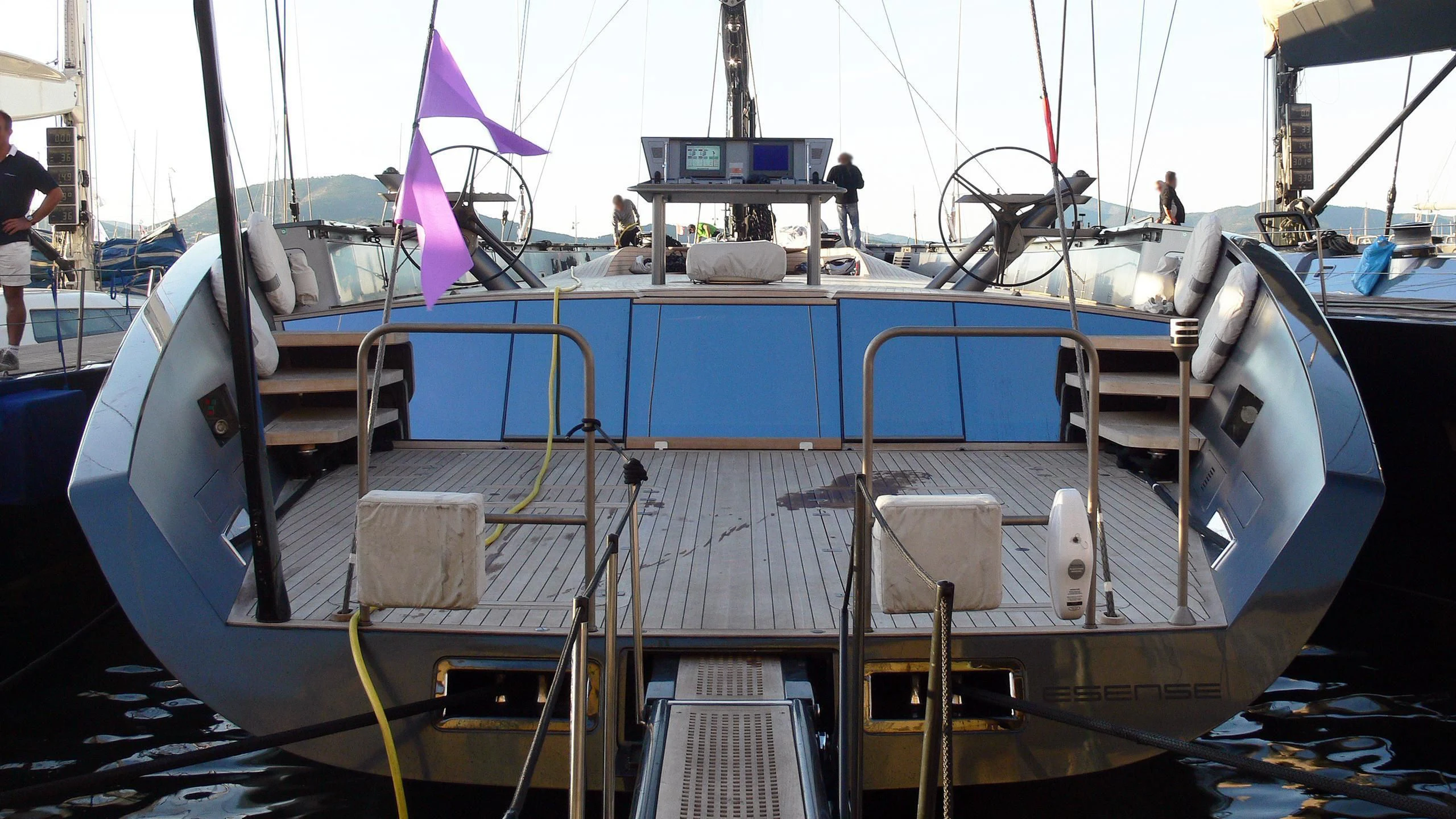 a boat with a purple star on the deck aboard ESENSE Yacht for Sale