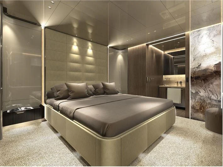 a bed in a room aboard IV DREAMS Yacht for Sale