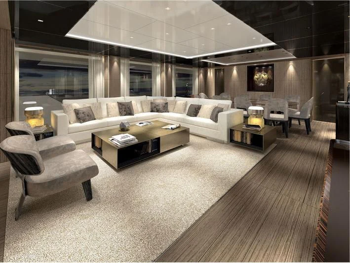 a living room with a large window aboard IV DREAMS Yacht for Sale