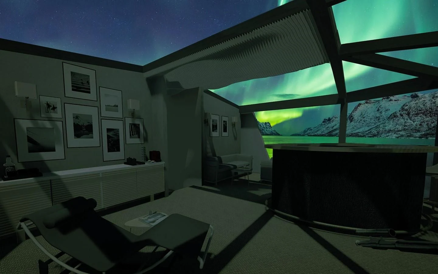 a room with a desk and a window with a view of the mountains aboard CAPE HAWK 690 Yacht for Sale