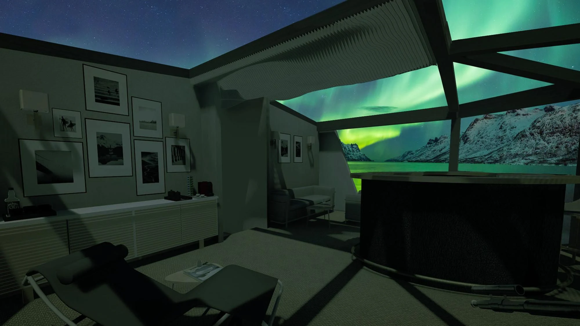 a room with a desk and a window with a view of the city aboard CAPE HAWK 690 Yacht for Sale