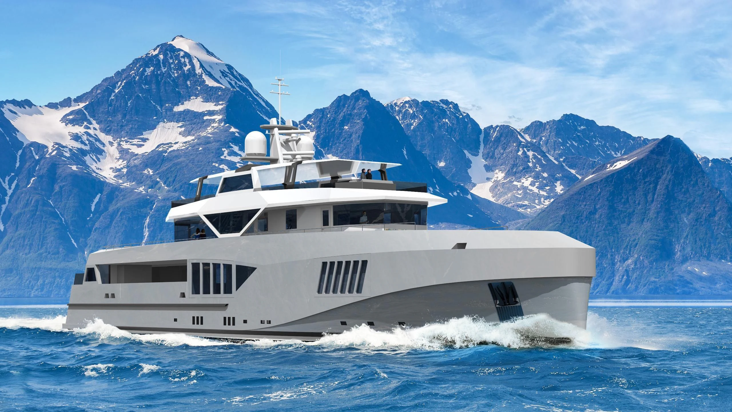 a white yacht in the water aboard CAPE HAWK 690 Yacht for Sale