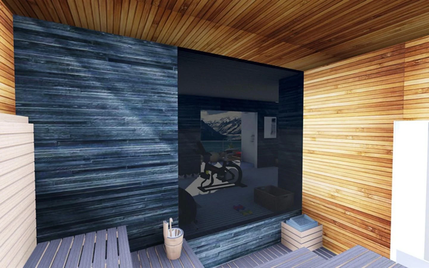 a room with a large screen aboard CAPE HAWK 690 Yacht for Sale