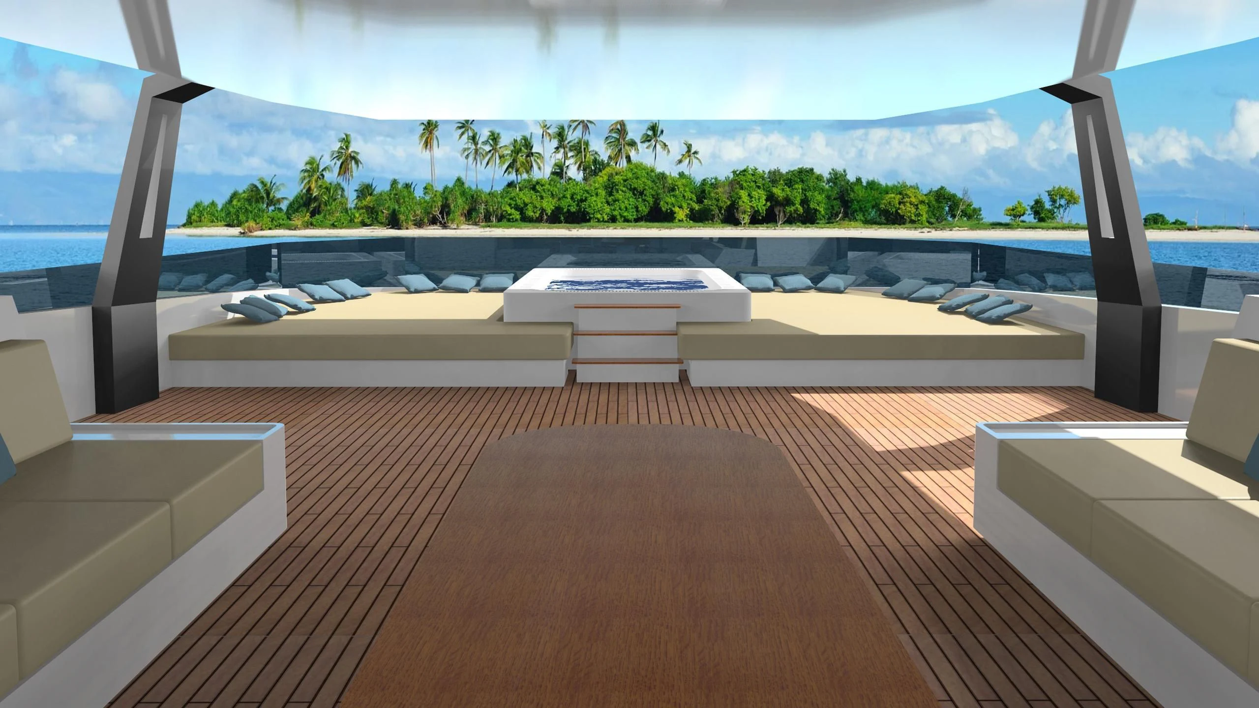 a room with a wood floor and a pool and trees in the background aboard CAPE HAWK 690 Yacht for Sale