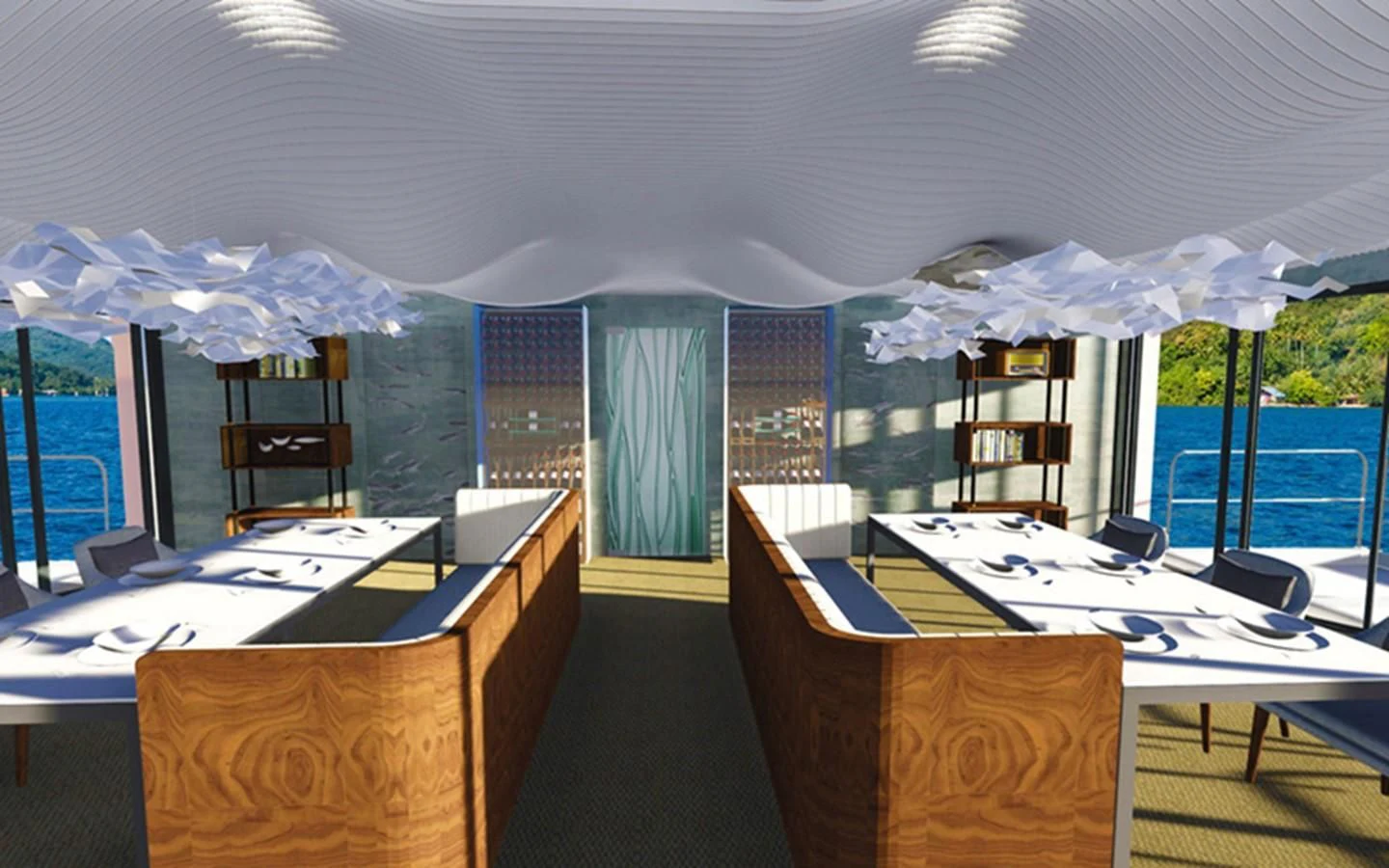 a room with tables and chairs aboard CAPE HAWK 690 Yacht for Sale