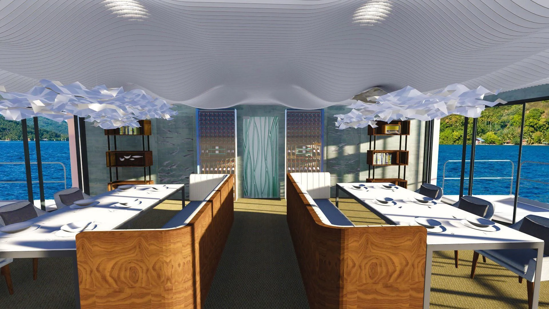 a room with tables and chairs aboard CAPE HAWK 690 Yacht for Sale